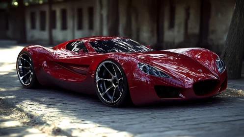 Scarlet hypercar poised on cobblestone street at dusk.