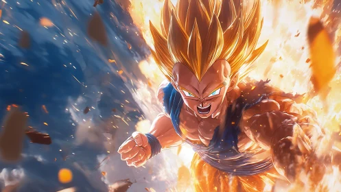 Blazing warrior surges forward wrapped in explosive golden power