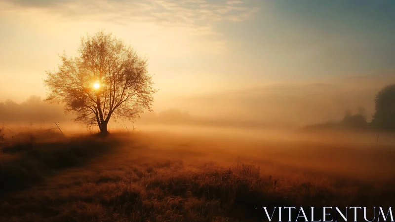 Gentle sunrise glows through a lone tree over misty fields