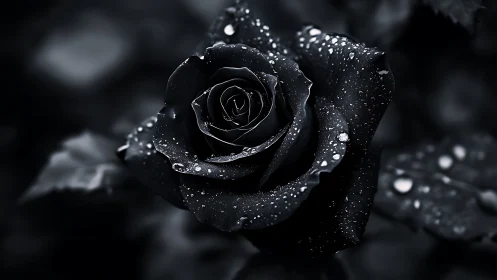 Close-up monochrome black rose with surface water droplets.