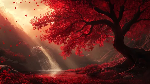Crimson forest tree overlooks glowing waterfall at dusk.