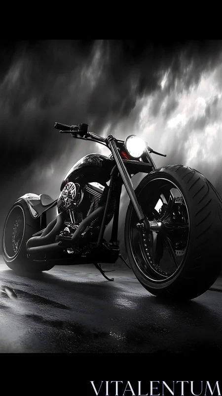 Low-angle render of custom black chopper motorcycle on wet asphalt