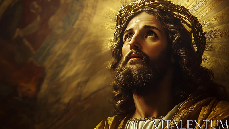 Portrait of sorrowful bearded man wearing a thorn crown