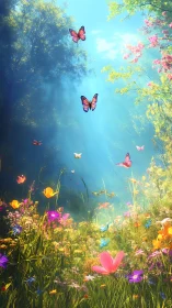 Vertical meadow scene renders luminous bokeh-lit butterflies in flight