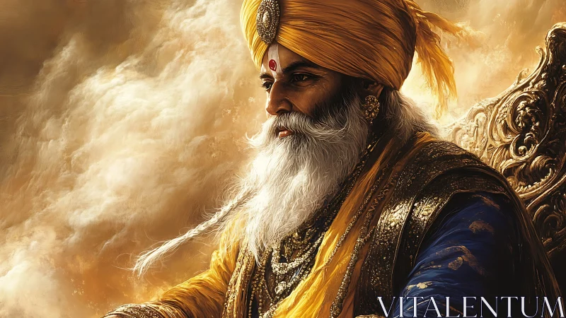 Regal elder in golden turban seated amid luminous clouds.