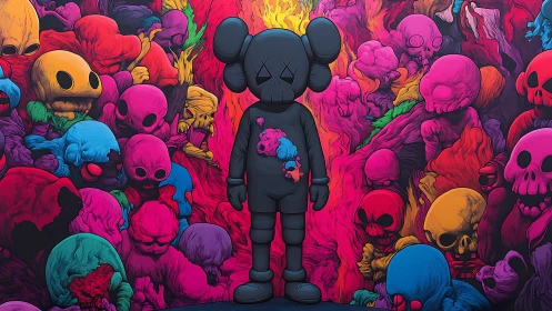 Toy figure amid neon skull chaos, saturated pop palette.