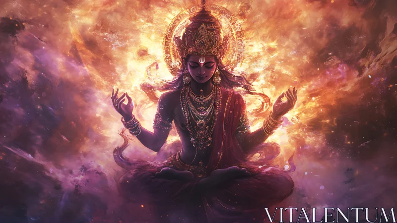 Divine cosmic deity meditates within swirling stellar fire.