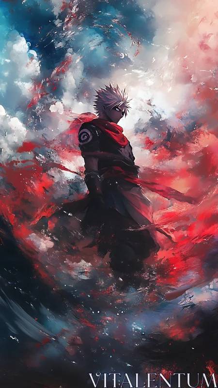 Masked figure in swirling red and blue atmospheric field.