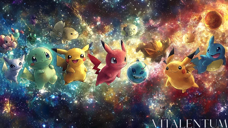 Playful Pokémon drift through a luminous cosmic galaxy dream