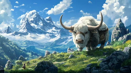 Gentle giant yak patrols a sunlit, storybook mountain pass