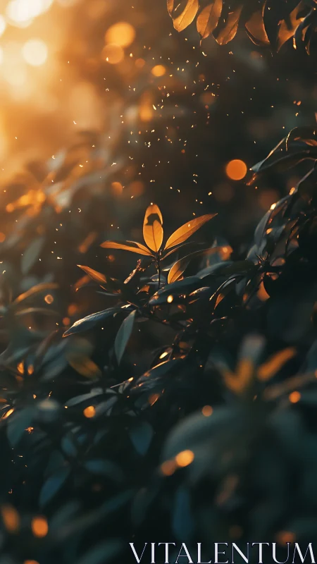 Backlit foliage with golden dust in shallow sunset bokeh.