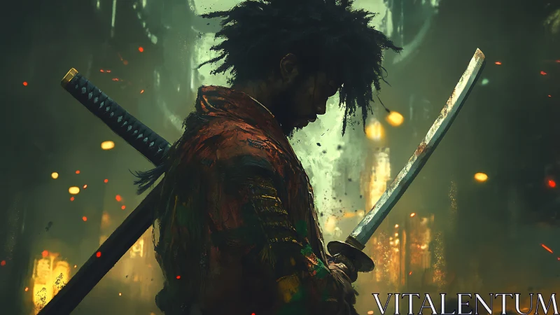 Lone cyberpunk samurai in neon embers, poised for battle.