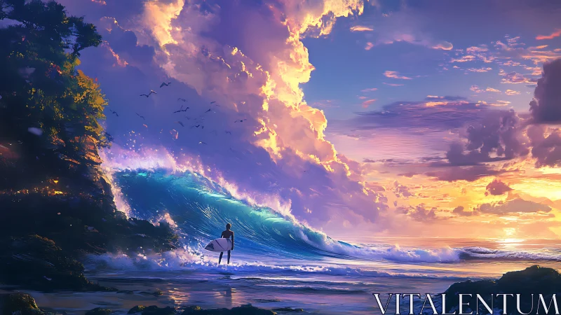 Sunset surfer quietly greeting a glowing, dreamlike wave