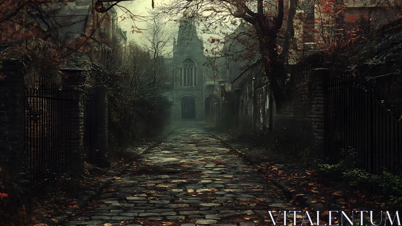 Foggy cobblestone path leading to an abandoned chapel.