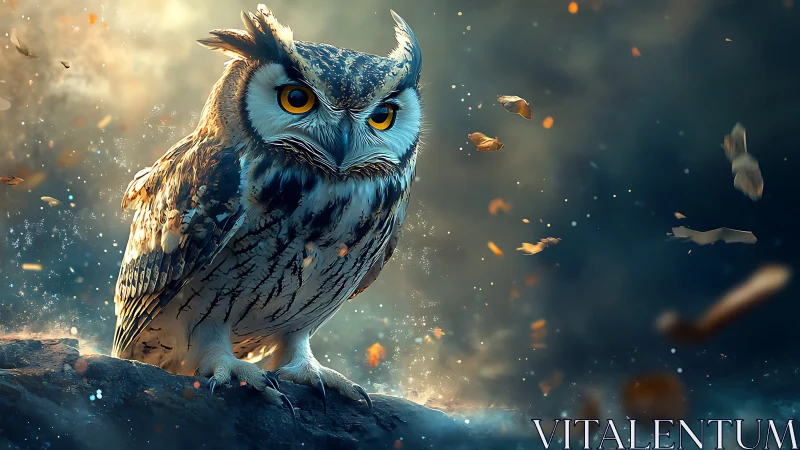 Majestic owl in dramatic lighting with swirling autumn leaves.