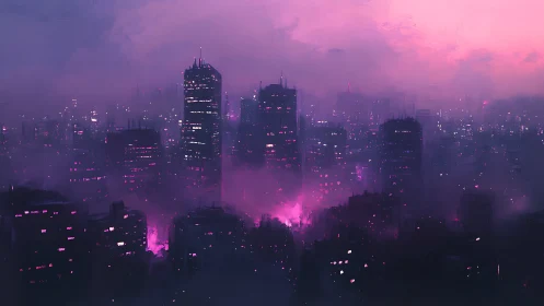 Neon-lit city skyline emerges through dense purple fog at dusk