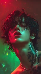 Dreamy neon portrait of a tattooed soul in glowing light.