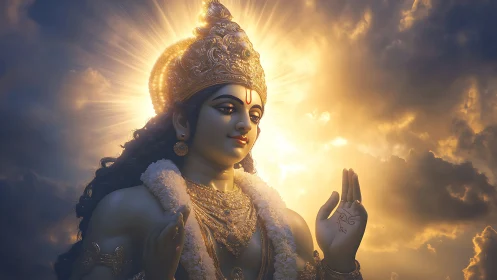 Radiant divine figure in golden backlight amid storm clouds