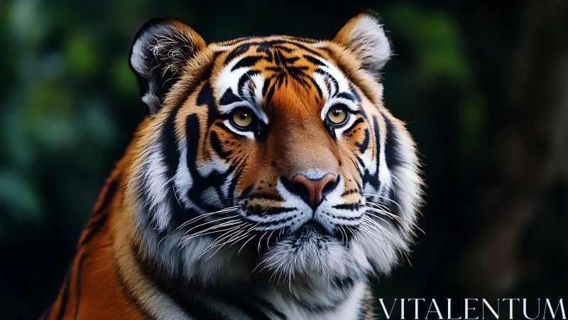 Bengal tiger portrait with focused gaze and dark backdrop.