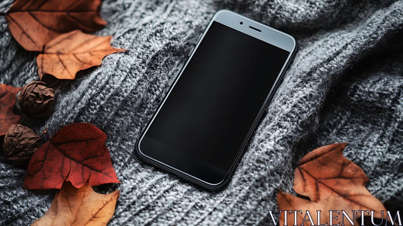 Smartphone resting on knit textile with autumn leaves.