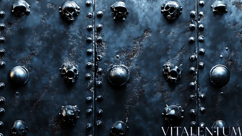 Midnight steel door with eerie skull rivets and gleaming studs.
