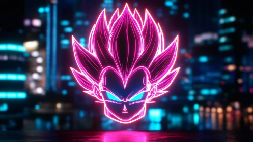 Neon magenta anime head hologram in futuristic cityscape