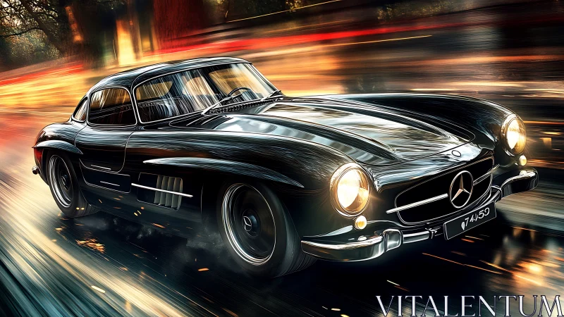 Midnight gullwing rocket slicing neon city rainlines.