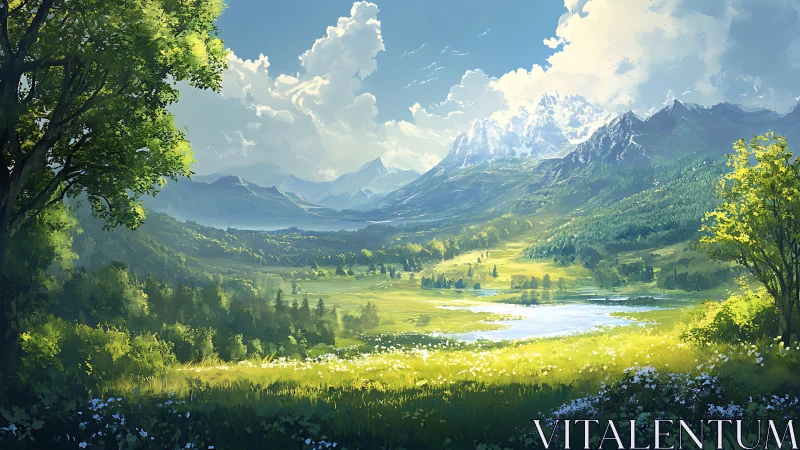 Sunlit mountain valley opens into a bright, peaceful meadow