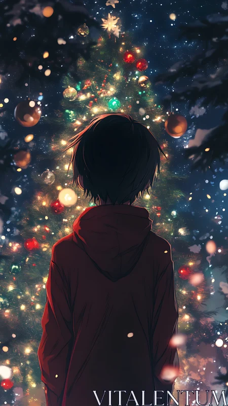 Solitary child studies luminous Christmas tree under snow