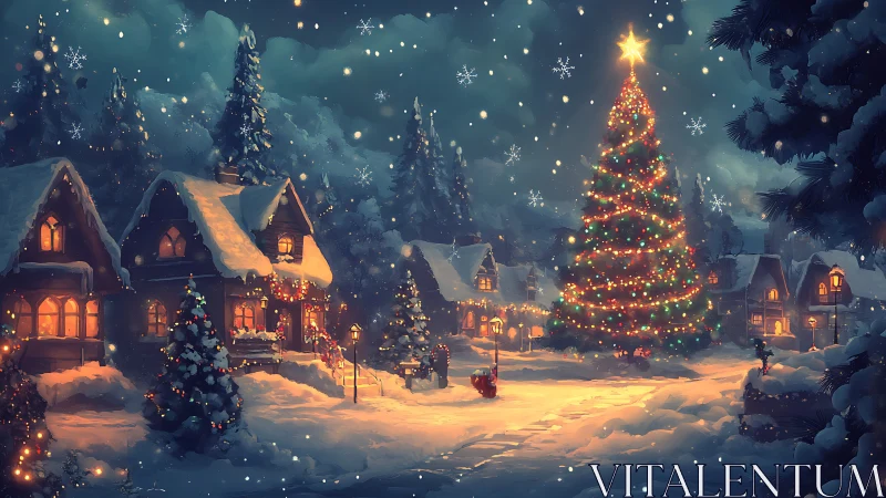 Snowy village square glows around towering Christmas tree