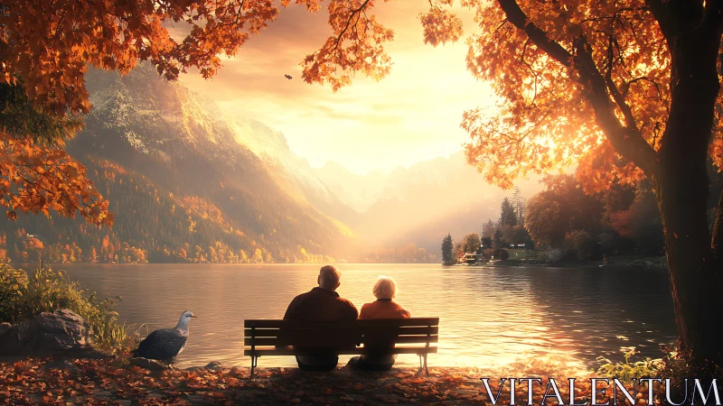 Golden hour landscape with two figures seated on bench overlooking reflective alpine lake surrounded