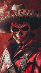 Grim gunslinger in red coat and hat meets the smoky night.