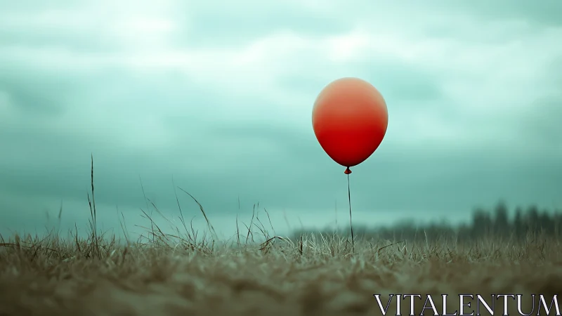 Red balloon floats over muted field under pale cloudy sky
