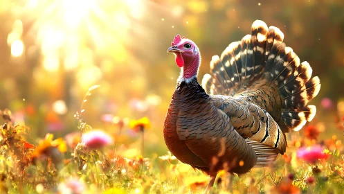 Wild Turkey Display: Vibrant Plumage Against Golden Wildflower Meadow