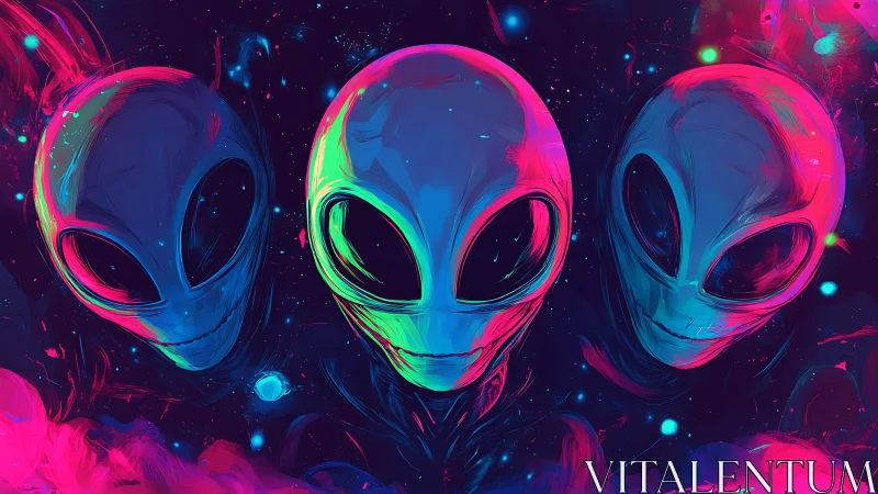 Neon alien trio in deep space glow portrait artwork.