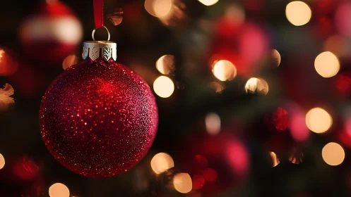 Macro optical study of red glitter bauble and festive bokeh.