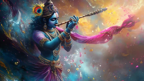 Celestial flute bearer swirling cosmos in jeweled colors.