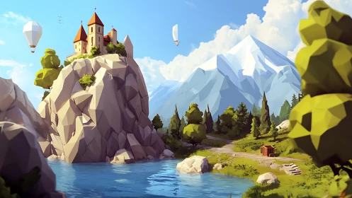 Low poly mountain lake with cliff castle and airships.