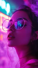 Neon-lit girl in round glasses gazes through electric haze