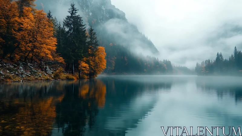 Misty alpine lake cradles quiet forests in autumn bloom