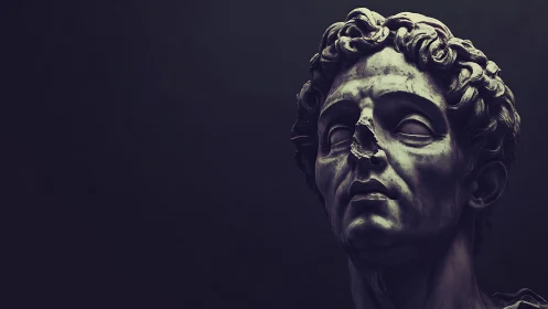 Damaged classical male bust sculpture on dark backdrop.
