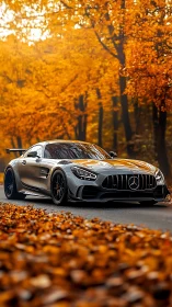 Silver performance coupe under glowing autumn forest canopy.