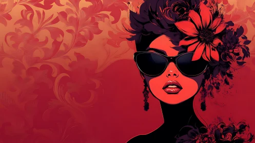 High-contrast vector portrait integrates floral motifs and bold gradients