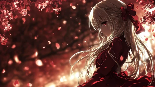 Scarlet-lit anime girl gazes back amid drifting petals.