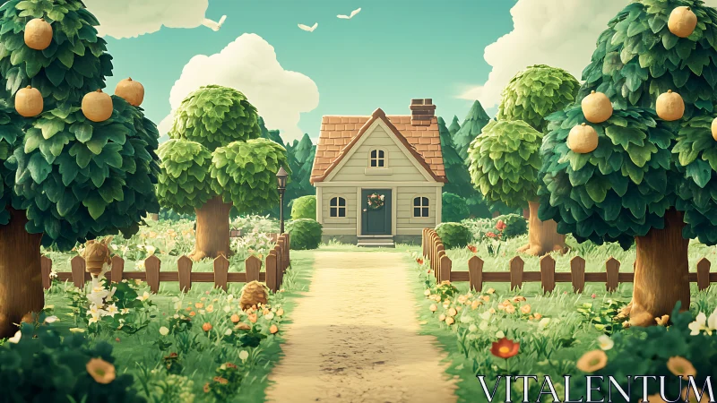 Cozy stylized cottage amid fruit trees and flower garden path