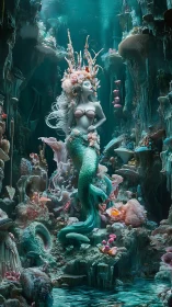 Bioluminescent mermaid queen amid hyper-detailed coral citadel.