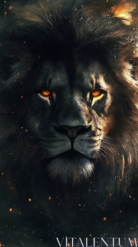 Ember-Eyed Lion Monarch Glowing Through Cosmic Ashes.