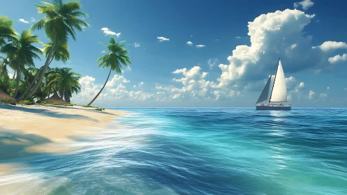 High-saturation tropical shoreline with dynamic wave rendering and yacht