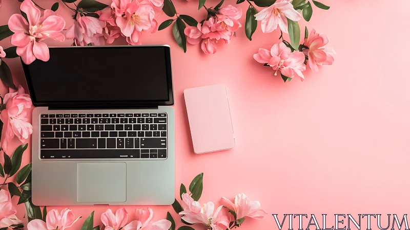 Laptop and pastel notebook framed by pink spring florals.