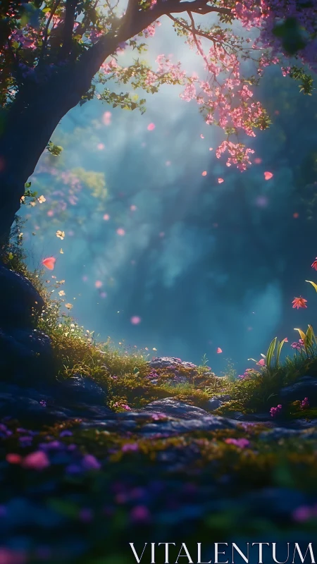 Whisperlit blossom path beneath a dream-soaked forest sky.